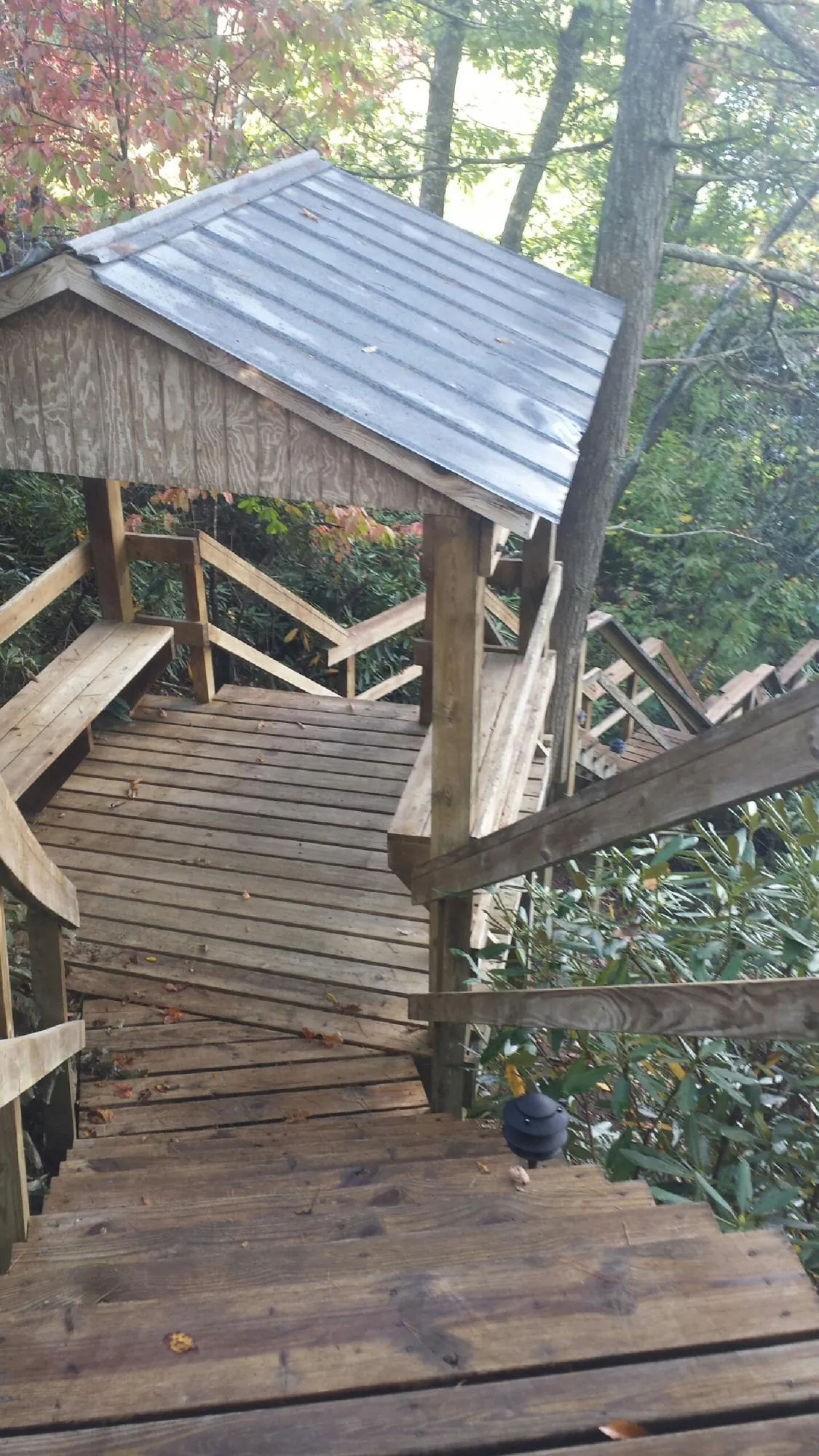 Metal roofed shelter over wooden steps on a wooded walkway — Skylight Repair & Installation work by our crew in Merritt Island